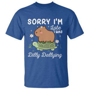 Funny Sorry I'm Late I Was Dilly Dallying T Shirt Cute Capybara and Turtle TS09 Royal Blue Print Your Wear