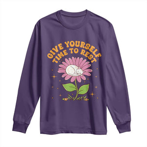Give Yourself Time To Rest Long Sleeve Shirt Cute Cat Sleep Mental Health TS09 Purple Print Your Wear