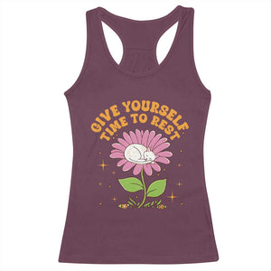 Give Yourself Time To Rest Racerback Tank Top Cute Cat Sleep Mental Health TS09 Maroon Print Your Wear