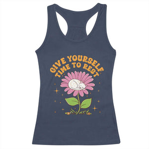 Give Yourself Time To Rest Racerback Tank Top Cute Cat Sleep Mental Health TS09 Navy Print Your Wear