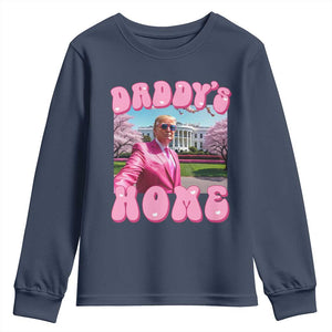 Funny Trump Supporter Youth Sweatshirt Daddy's Coming Home 2024 Pink Trump TS09 Navy Print Your Wear