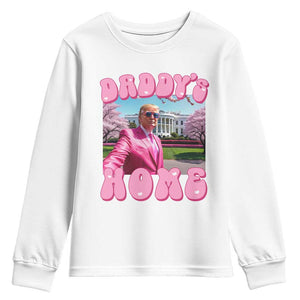 Funny Trump Supporter Youth Sweatshirt Daddy's Coming Home 2024 Pink Trump TS09 White Print Your Wear