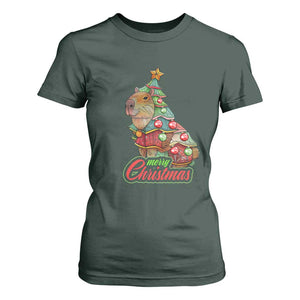Cute Capybara Christmas Tree T Shirt For Women TS09 Dark Forest Green Print Your Wear