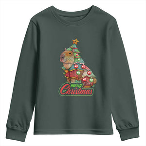 Cute Capybara Christmas Tree Youth Sweatshirt TS09 Dark Forest Green Print Your Wear