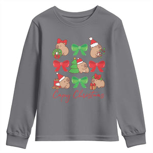 Funny Capybara Christmas Youth Sweatshirt Cute Capy Coquette Bow TS09 Charcoal Print Your Wear
