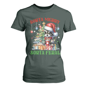 Funny Christmas Raccoon T Shirt For Women Sorta Merry Sorta Feral Merry Trashmas TS09 Dark Forest Green Print Your Wear