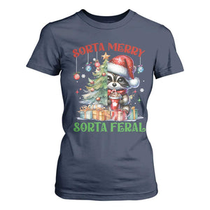 Funny Christmas Raccoon T Shirt For Women Sorta Merry Sorta Feral Merry Trashmas TS09 Navy Print Your Wear