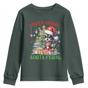 Funny Christmas Raccoon Youth Sweatshirt Sorta Merry Sorta Feral Merry Trashmas TS09 Dark Forest Green Print Your Wear