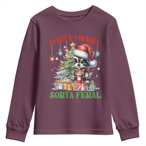 Funny Christmas Raccoon Youth Sweatshirt Sorta Merry Sorta Feral Merry Trashmas TS09 Maroon Print Your Wear