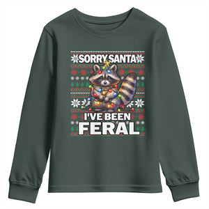 Funny Christmas Raccoon Youth Sweatshirt Sorry Santa I've Been Feral TS09 Dark Forest Green Print Your Wear