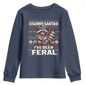 Funny Christmas Raccoon Youth Sweatshirt Sorry Santa I've Been Feral TS09 Navy Print Your Wear