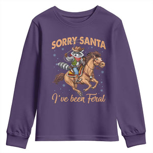 Funny Christmas Raccoon Youth Sweatshirt Sorry Santa I've Been Feral Cowboy TS09 Purple Print Your Wear