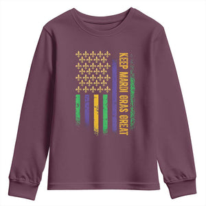 Keep Mardi Gras Great Youth Sweatshirt American Flag Fleur De Lis TS09 Maroon Print Your Wear