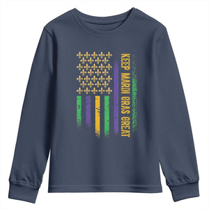 Keep Mardi Gras Great Youth Sweatshirt American Flag Fleur De Lis TS09 Navy Print Your Wear
