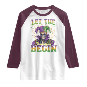 Mardi Gras Raglan Shirt Let The Shenanigans Begin Skeleton Jester Costume TS09 White Maroon Print Your Wear