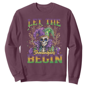 Mardi Gras Sweatshirt Let The Shenanigans Begin Skeleton Jester Costume TS09 Maroon Print Your Wear