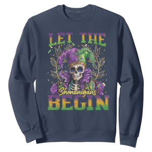 Mardi Gras Sweatshirt Let The Shenanigans Begin Skeleton Jester Costume TS09 Navy Print Your Wear