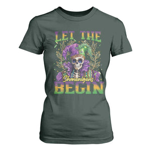 Mardi Gras T Shirt For Women Let The Shenanigans Begin Skeleton Jester Costume TS09 Dark Forest Green Print Your Wear