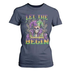 Mardi Gras T Shirt For Women Let The Shenanigans Begin Skeleton Jester Costume TS09 Navy Print Your Wear