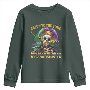 Louisiana Mardi Gras Youth Sweatshirt Cajun To The Bone Skeleton Jester Costume TS09 Dark Forest Green Print Your Wear