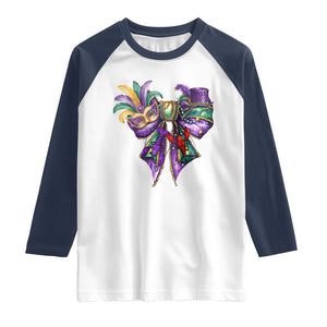 Coquette Bow Mardi Gras Raglan Shirt New Orleans Carnival Beads Mask Crawfish TS09 White Navy Print Your Wear