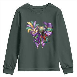 Coquette Bow Mardi Gras Youth Sweatshirt New Orleans Carnival Beads Mask Crawfish TS09 Dark Forest Green Print Your Wear