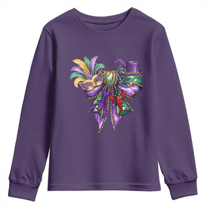 Coquette Bow Mardi Gras Youth Sweatshirt New Orleans Carnival Beads Mask Crawfish TS09 Purple Print Your Wear