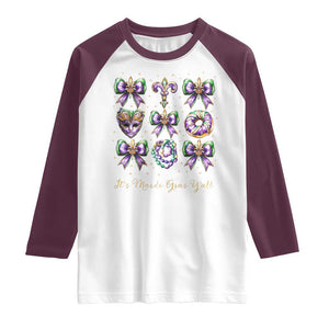 Coquette Bow Mardi Gras Raglan Shirt It's Mardi Gras Y'all Fleur De Lis Mask TS09 White Maroon Print Your Wear