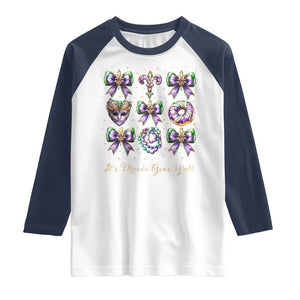 Coquette Bow Mardi Gras Raglan Shirt It's Mardi Gras Y'all Fleur De Lis Mask TS09 White Navy Print Your Wear