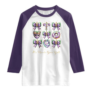 Coquette Bow Mardi Gras Raglan Shirt It's Mardi Gras Y'all Fleur De Lis Mask TS09 White Purple Print Your Wear