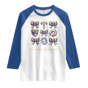 Coquette Bow Mardi Gras Raglan Shirt It's Mardi Gras Y'all Fleur De Lis Mask TS09 White Royal Print Your Wear