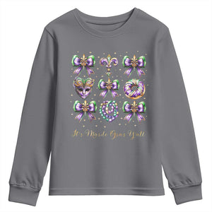 Coquette Bow Mardi Gras Youth Sweatshirt It's Mardi Gras Y'all Fleur De Lis Mask TS09 Charcoal Print Your Wear