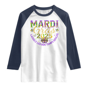 Mardi Gras 2025 Raglan Shirt Laissez Les Bon Temps Rouler TS09 White Navy Print Your Wear