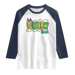 Mardi Gras La Weezy Ana Raglan Shirt TS09 White Navy Print Your Wear