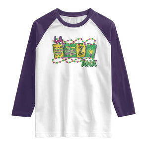 Mardi Gras La Weezy Ana Raglan Shirt TS09 White Purple Print Your Wear