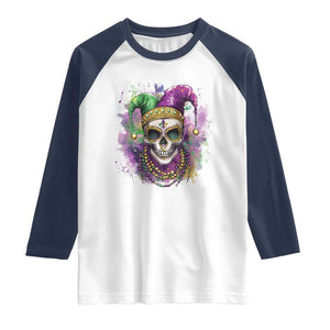 Skeleton Jester Louisiana Mardi Gras Raglan Shirt TS09 White Navy Print Your Wear