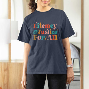 Librarian T Shirt For Women Literacy Justice For All TS09 Navy Print Your Wear