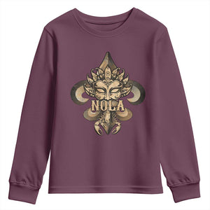 NOLA New Orleans Louisiana Youth Sweatshirt Mardi Gras Mask Fleur De Lis TS09 Maroon Print Your Wear