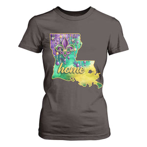 Home Louisiana T Shirt For Women Mardi Gras Fleur De Lis LA Map TS09 Dark Chocolate Print Your Wear