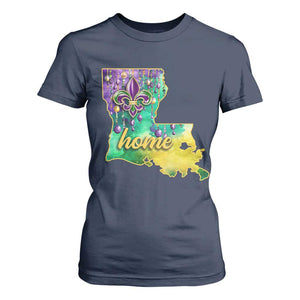 Home Louisiana T Shirt For Women Mardi Gras Fleur De Lis LA Map TS09 Navy Print Your Wear