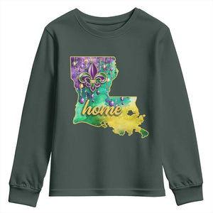 Home Louisiana Youth Sweatshirt Mardi Gras Fleur De Lis LA Map TS09 Dark Forest Green Print Your Wear