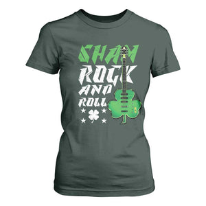St Patrick's Day T Shirt For Women Funny Sham Rock N Roll Shamrock Guitar TS09 Dark Forest Green Print Your Wear