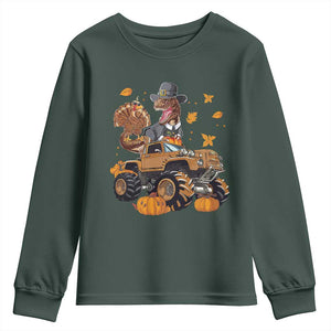 Thanksgiving Youth Sweatshirt Dinosaur Turkey Riding Truck Monster TS09 Dark Forest Green Print Your Wear