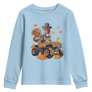 Thanksgiving Youth Sweatshirt Dinosaur Turkey Riding Truck Monster TS09 Light Blue Print Your Wear