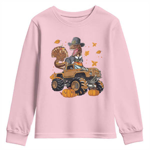 Thanksgiving Youth Sweatshirt Dinosaur Turkey Riding Truck Monster TS09 Light Pink Print Your Wear