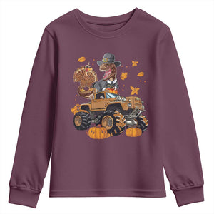 Thanksgiving Youth Sweatshirt Dinosaur Turkey Riding Truck Monster TS09 Maroon Print Your Wear