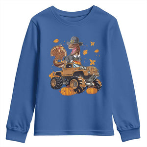 Thanksgiving Youth Sweatshirt Dinosaur Turkey Riding Truck Monster TS09 Royal Blue Print Your Wear