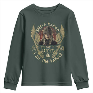 Shield Maiden Youth Sweatshirt I Am The Danger Female Warrior Scandinavian Folklore Mythology TS09 Dark Forest Green Print Your Wear