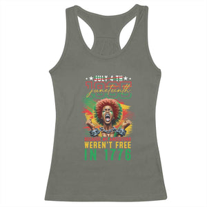 African American Juneteenth Racerback Tank Top Because My Ancestors Weren't Free In 1776 TS09 Military Green Print Your Wear