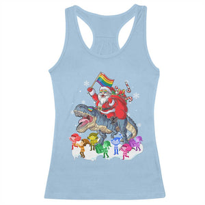 Funny Christmas LGBT Racerback Tank Top Rainbow Flag Santa Riding Dinosaur TS09 Light Blue Print Your Wear